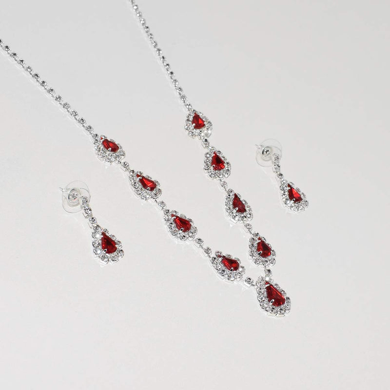 [Australia] - UDORA Silver Blue Red Teardrop Necklace Earrings Jewelry Set Wedding Party Prom 