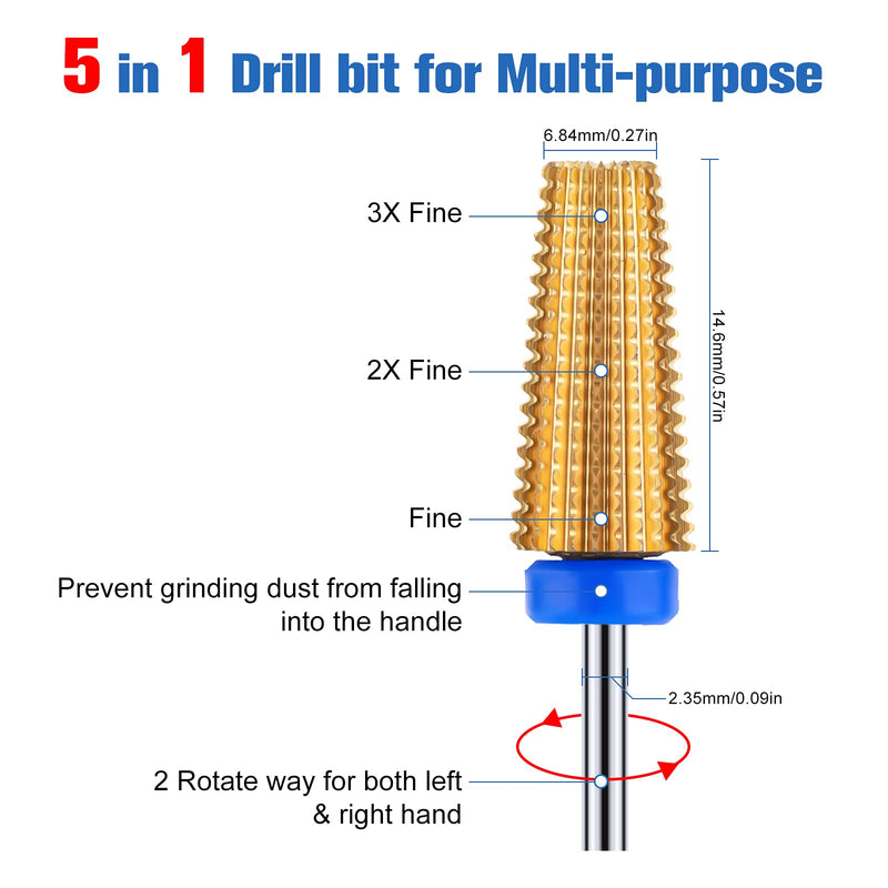 [Australia] - Nail Drill Bits, ZoCCee 5 in 1 Carbide Nail Bit Tapered Barrel Rotary Bit for Both Left and Right Handed 3/32" Professional Carbide Tungsten bits for Acrylic Nail Gel  (M-Medium Feine, Blue Base) M-Medium Feine 