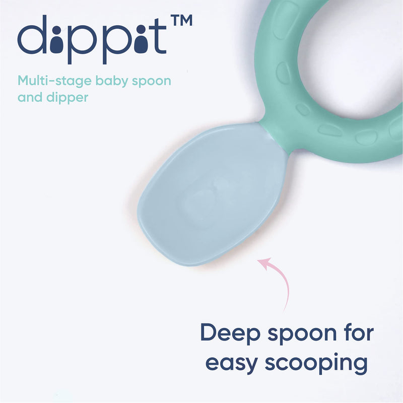 [Australia] - Bibado - Dippit Multi-Stage Self Feeding BPA Free Baby Spoons and Dipper, 2-Handed Multi-Grip Baby Led Weaning Spoons, baby spoons self feeding 6 months and Up, Infant Spoons, Mint and Blue, Pack of 2 