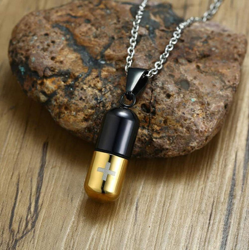 [Australia] - LAFATINA Medical Alert ID Pill Capsule Tube Pendant Necklace, Men's Women Stainless Steel Pill Case Medical Alert Card Holder Pendant Necklace for Boys Girls Old goldblack 