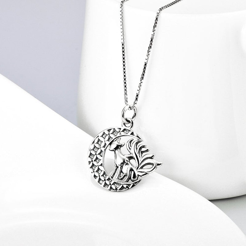 [Australia] - Fox Pendant Necklace, Sterling Silver Nine Tail Fox Moon Necklace Jewelry Gifts for Women,Girls, Unisex 18" Oxidized fox necklace 