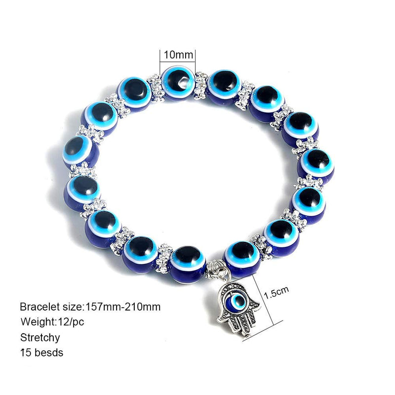 [Australia] - SUMMER LOVE Evil Eye Hamsa Blue Beaded Charm Stretch Bracelet Hand of Fatima Turkish Evil Eye Lucky Bracelet for Protection and Blessing 10mm evil eye 