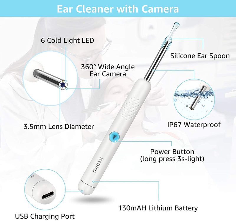[Australia] - Ear Wax Removal with Camera, Wireless Ear Cleaner Tool Kit, 1080P FHD Ear Endoscope Otoscope with 6 LED Light, Spade Earwax Removal Ear Cleaning Kit for iPhone, iPad & Android Smart Phones (White) Off-white 