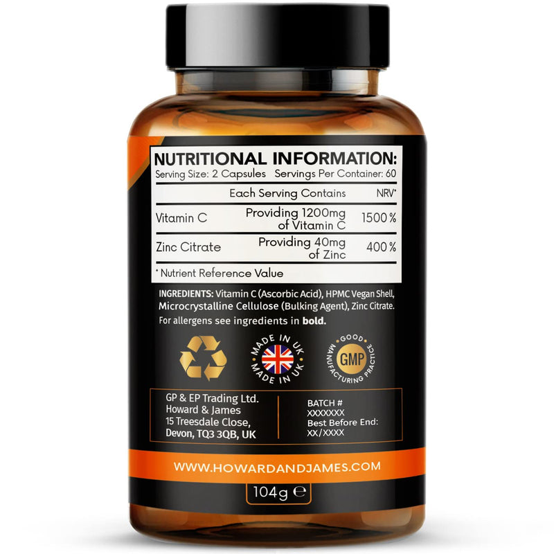 [Australia] - Vitamin C 1200mg and Zinc 40mg per Daily Serving - 120 High Strength Vegan Capsules with Ascorbic Acid - 2 Month Supply - Made in The UK by Howard & James 