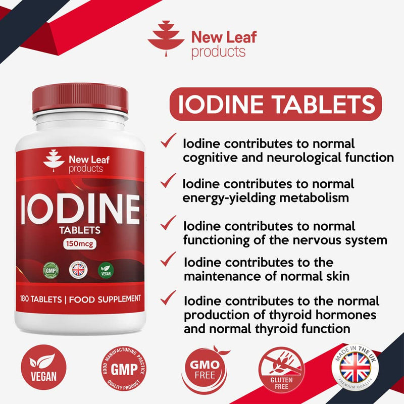[Australia] - Iodine Tablets 150mcg 180 Vegan High Strength Tablets Iodine Supplements, Natural Source of Iodine from Potassium Iodide, 6 Month Supply, GMO Free, GMP, Made in UK by New Leaf 180 Count (Pack of 1) 