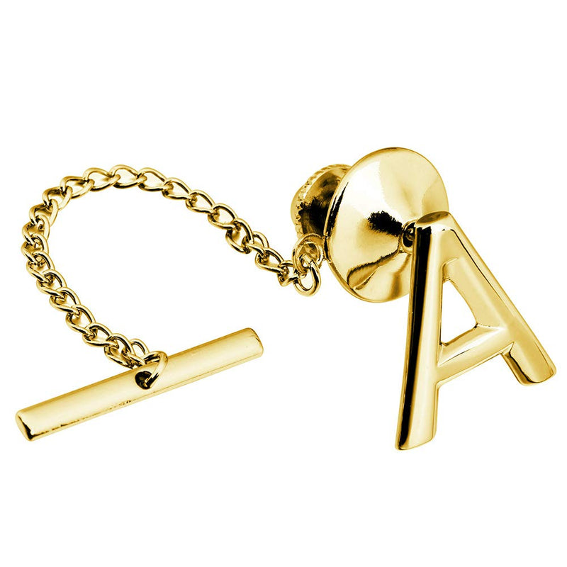 [Australia] - AMITER Men Tie Tack Initial Silver Gold Tie Pin with Chain - Best Accessories for Necktie, Bow Tie, Hat and Suspenders Gold A 