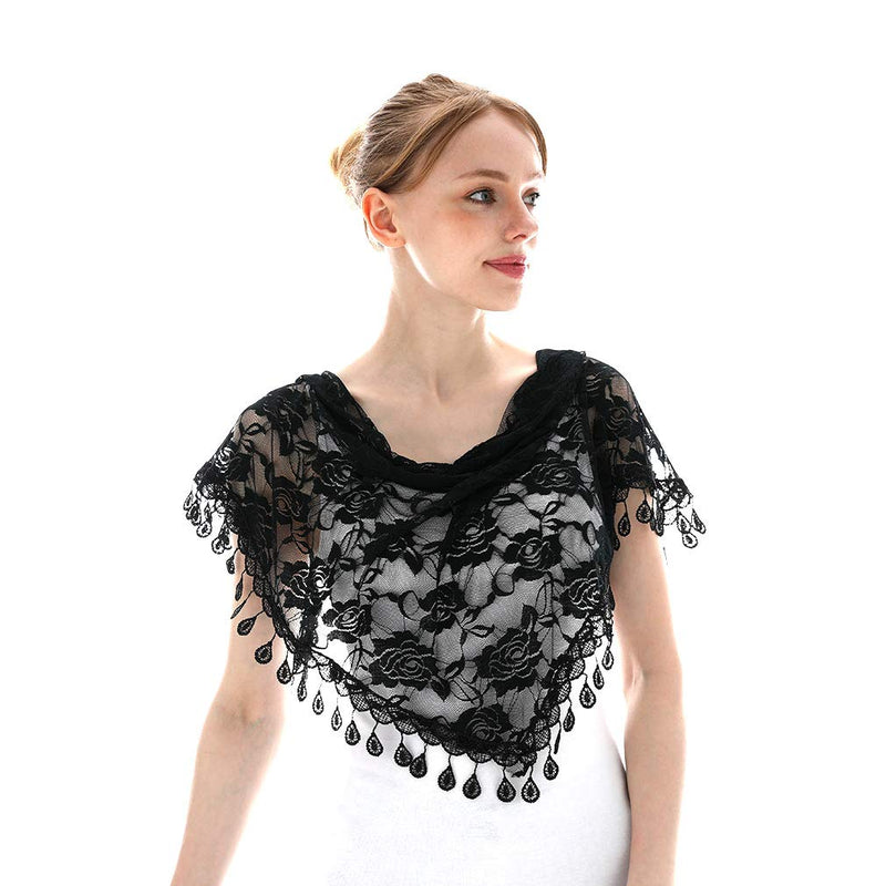 [Australia] - LMVERNA Triangle Lace Shawl Mantilla Veil Lightweight Tassel Scarf Fashion Floral Shawls and Wraps for Women Black 