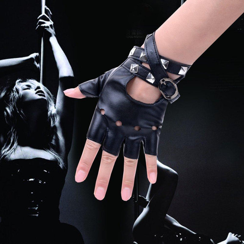 [Australia] - JISEN Women Punk rivets Belt Up Half Finger PU Leather Performance Gloves Black 