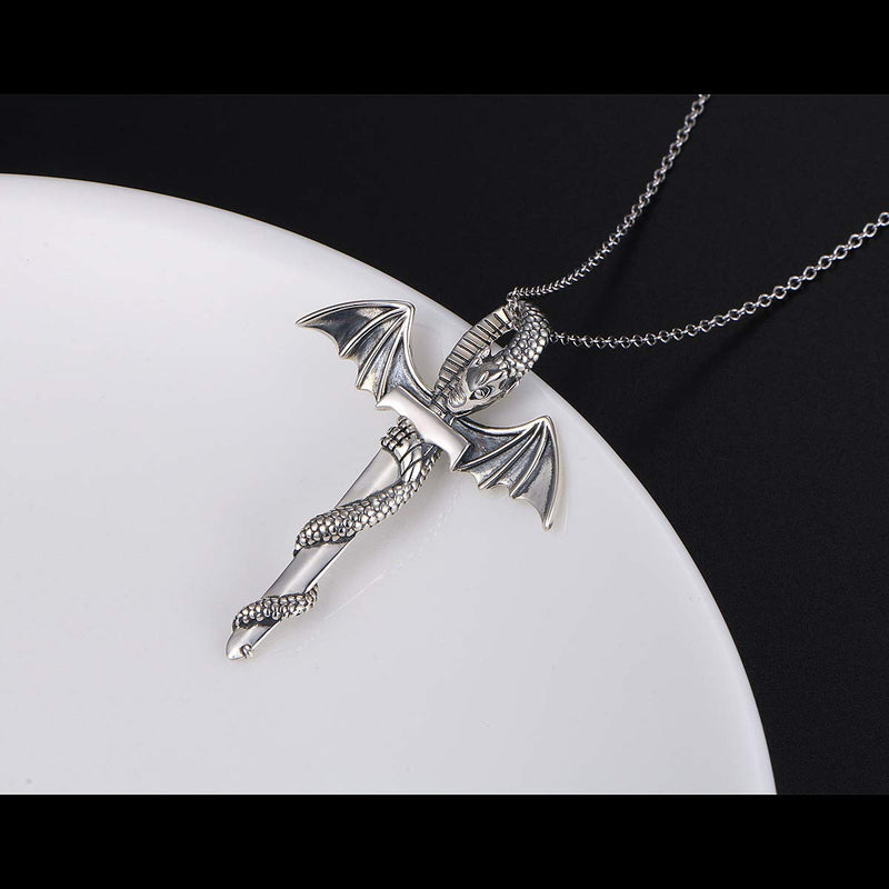[Australia] - S925 Sterling Silver Punk Oxidized Vintage Dragon Wing Sword Pendant Necklace 