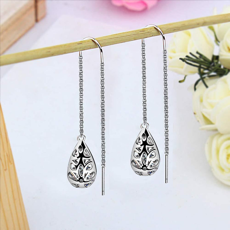 [Australia] - Meyiert 925 Sterling Silver zirconia Needle Drop Threader Pull Through Filigree Earrings for Womens White 