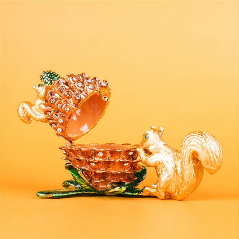 [Australia] - Jewelry Trinket Boxes Hinged - Golden Squirrel Pinecone, Crystal Jeweled Animal Figurines Jewelry Display Ring Holder Box Collectible 