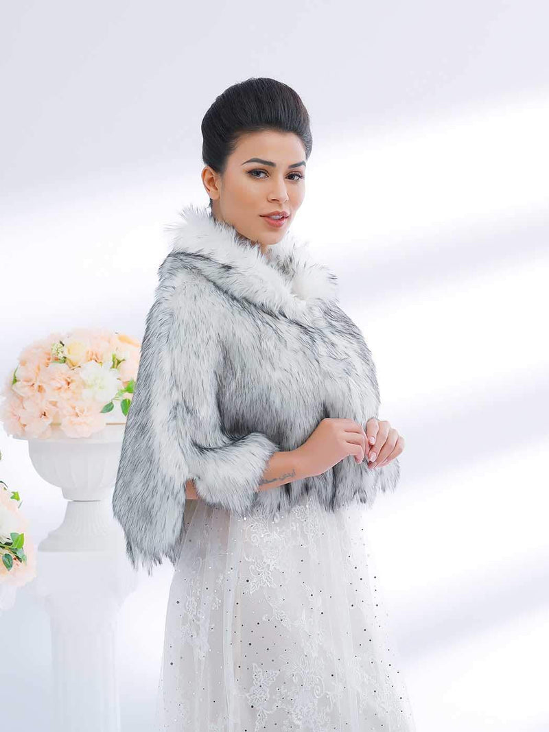 [Australia] - Ushiny Wedding Faux Fur Shawl and Stole Bridal Fur Wraps Winter Fur Scarf for Women and Girls (White and Black) 