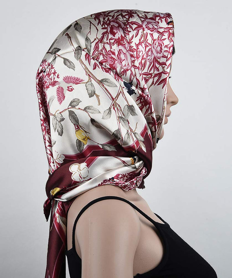 [Australia] - Corciova Square Stain Silk Like Hair Wrapping Scarves Night Sleeping Head Scarf 370 Burgundy Branches Birds Flowers 