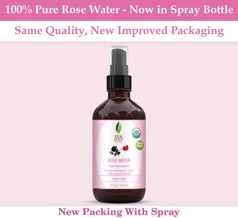 [Australia] - USDA Certified Organic Rose Water Facial Toner (118 ml) 4 Oz - 100% Pure Natural, Unrefined by SVA Organics | Aromatherapy Reduce Dark Circles, Pores, Wrinkle, Moisturizer, Skin Care 