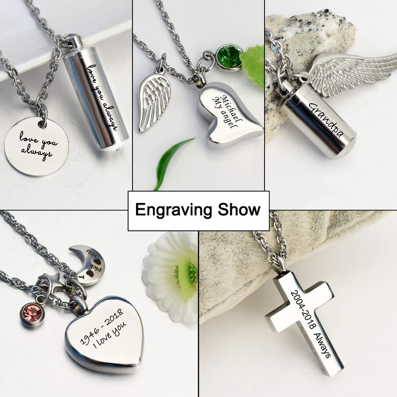 [Australia] - Cylinder Cremation Urn Necklace for Ashes Memorial Keepsake Pendant with Angel Wing Stainless Steel Remembrance Jewelry Black L non-engraving 