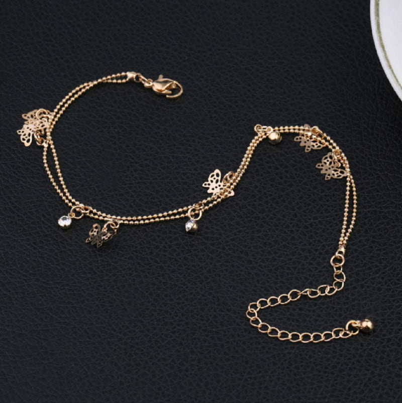 [Australia] - Lzz Ladies Charm Gold Butterfly Double-Layer Ankle Chain Anklet Bohemian Adjustable Beach Anklet Footwear 