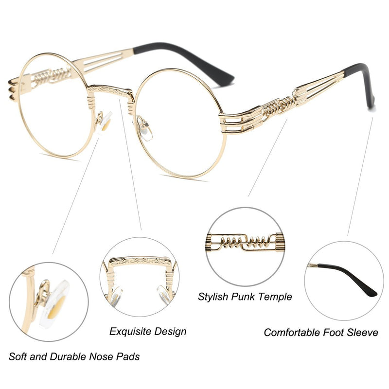[Australia] - John Lennon Style Retro Steampunk Sunglasses for Women Men Round Hippie UV400 Protection Flat Lens Metal Frame Eyewear Transparent Blue Lens/Gold Frame 