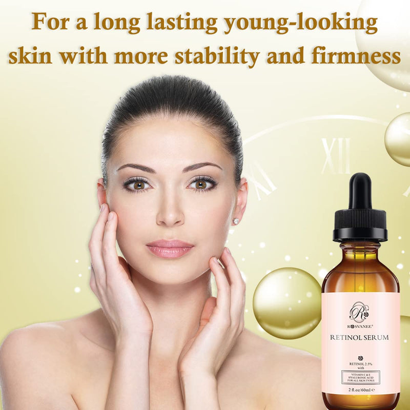 [Australia] - ROSVANEE Retinol Serum for Face 60ml - High Strength with 2.5% Retinol, Hyaluronic Acid, Vitamin C & E, Anti Aging Facial Serum for Skin Repair, Acne, Scar, Dark Spot, Fine Line and Wrinkles 