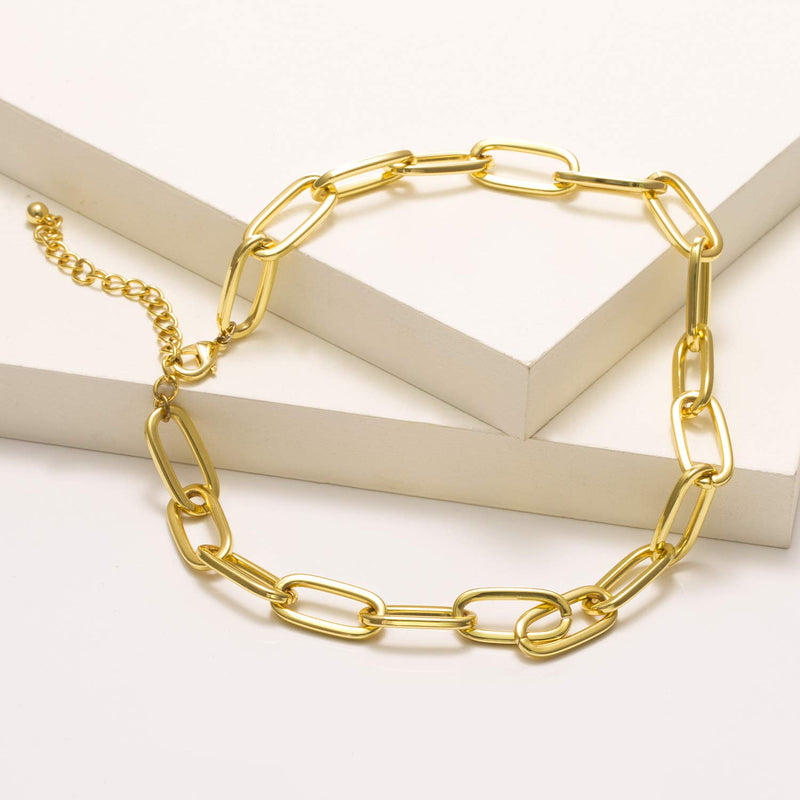 [Australia] - LANE WOODS Gold Chain Necklace and Bracelet for Women Ladies Dainty and Chunky Chain Link Paperclip Jewelry Set 15"Chain 