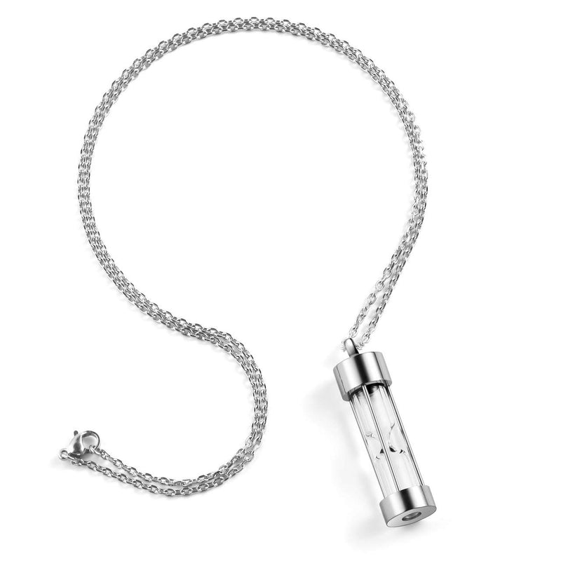 [Australia] - Zysta Glass Hourglass Ashes Keepsake Necklace Personalized Cylinder Tube Pendant Necklaces for Men Women Customized Engraved Quicksand Memorial Urns Cremation Locket Sealed Sand Ash Urn Container Silver non-engraving 