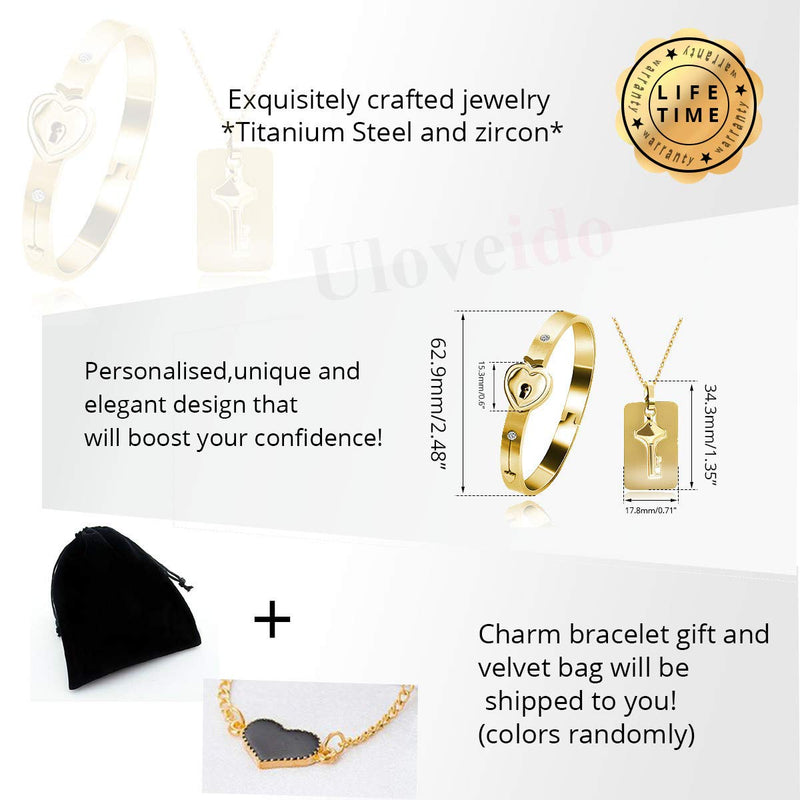 [Australia] - Uloveido Rose Gold Plated Titanium Matching Puzzle Couple Heart Lock Bracelet and Key Pendant Necklace for Men and Women 