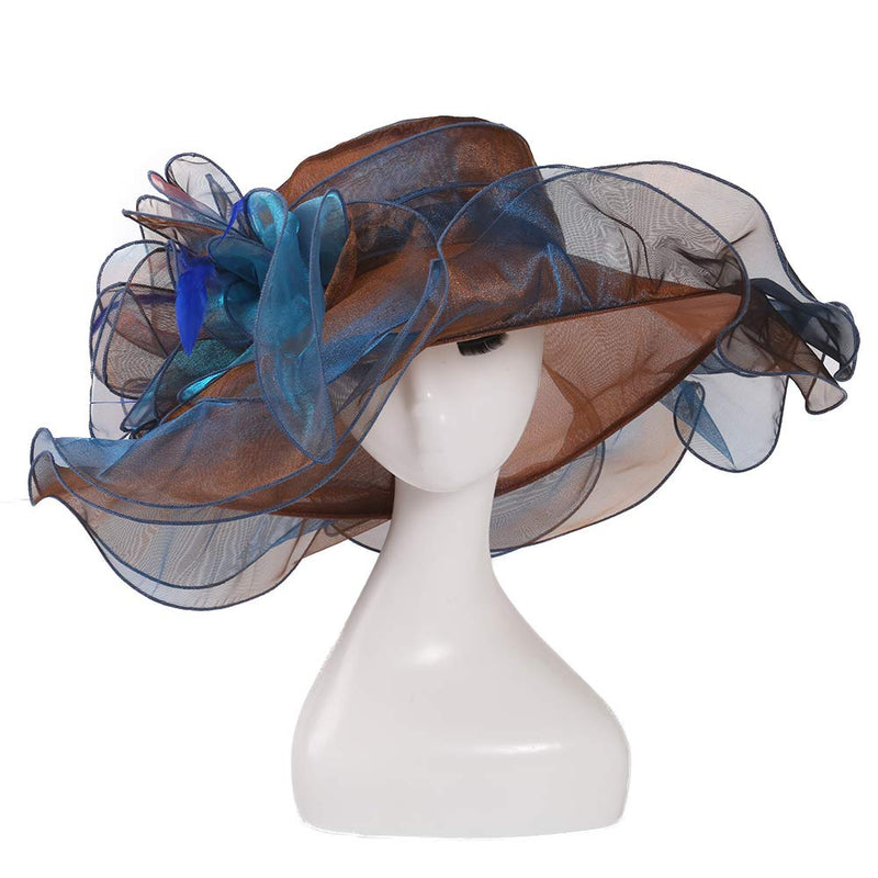 [Australia] - F FADVES Women Oganza Sun Hat Church Kentucky Derby Wide Brim Wedding Formal Fascinator Hat Blue & Coffee 