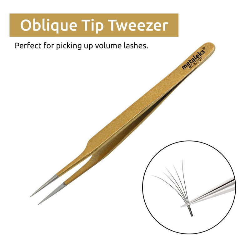 [Australia] - Tweezers for Eyelash Extension Hand Crafted Surgical Stainless Steel Metallic Gold Powder Coated (Oblique Tip) Oblique Tip 