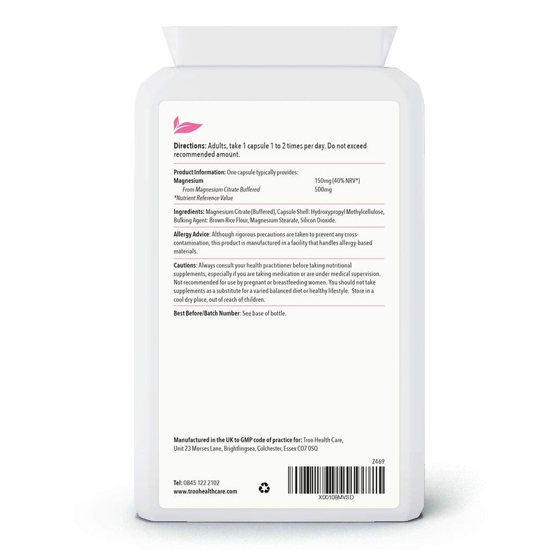 [Australia] - Troo Magnesium Citrate 120 Capsules 500mg Mag24-7 - Highly Absorbable Daily Supplement for Men and Women - Manufactured in the UK and Vegan Society Registered - Easy Swallow 