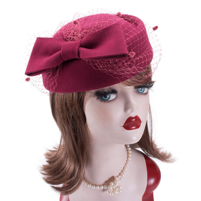 [Australia] - Lawliet Womens Dress Fascinator Wool Felt Pillbox Hat Party Wedding Bow Veil A080 Wine 