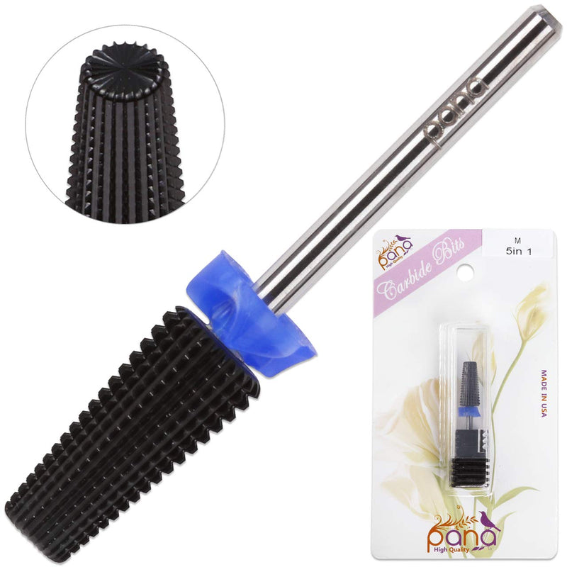 [Australia] - PANA Nail Carbide 5 in 1 Bit - Two Way Rotate use for Both Left and Right Handed - Fast remove Acrylic or Hard Gel - 3/32" Shank - Manicure, Nail Art, Drill Machine (Medium - M, Black) Medium - M 