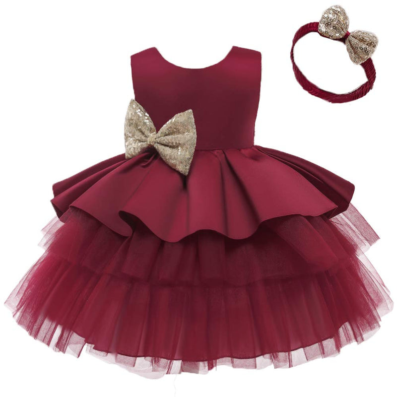 [Australia] - NSSMWTTC 6M-6T Baby Backless Pageant Dress Toddler Girls Tutu Gown Flower Dresses with Headwear Burgundy 6-12 Months 