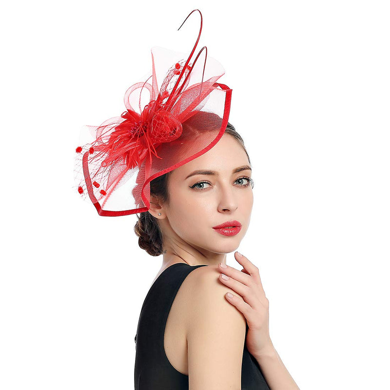 [Australia] - Women Fascinators Kentucky Derby Hair Clip Headband Wedding Tea Party Hat Mesh Feathers Hairband 5-red 