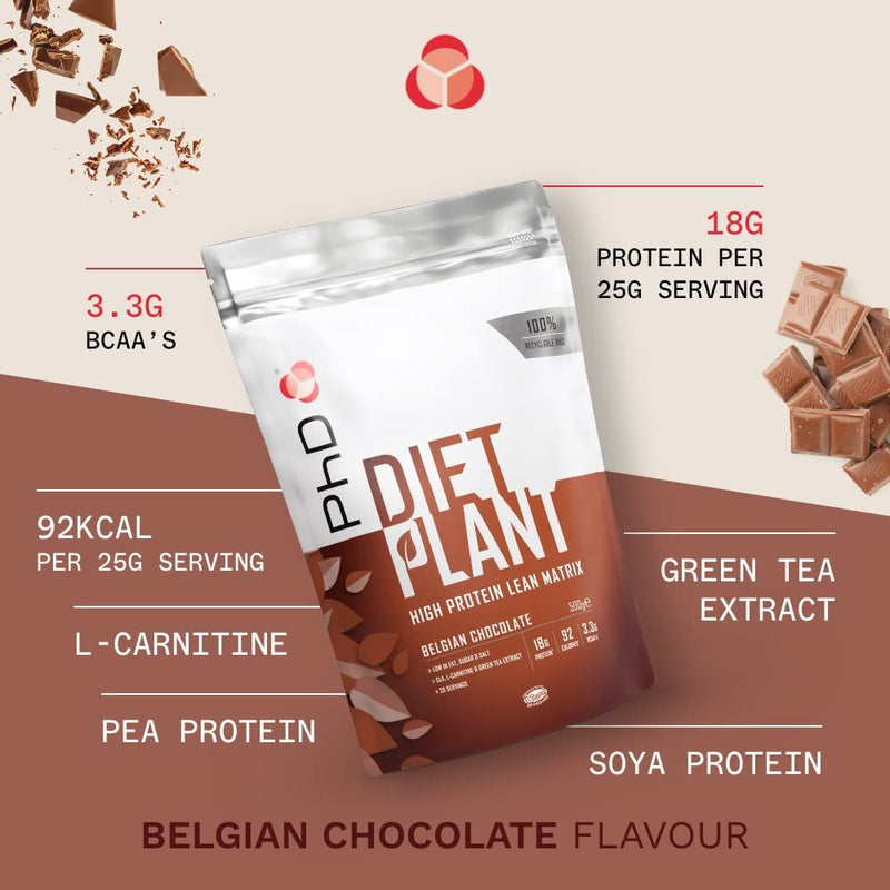 [Australia] - PhD Diet Plant, low sugar Vegan Protein Powder - Belgian Chocolate Flavour - 500g, 20 Servings - 100% recyclable packaging- vegan society approved with added probiotics 