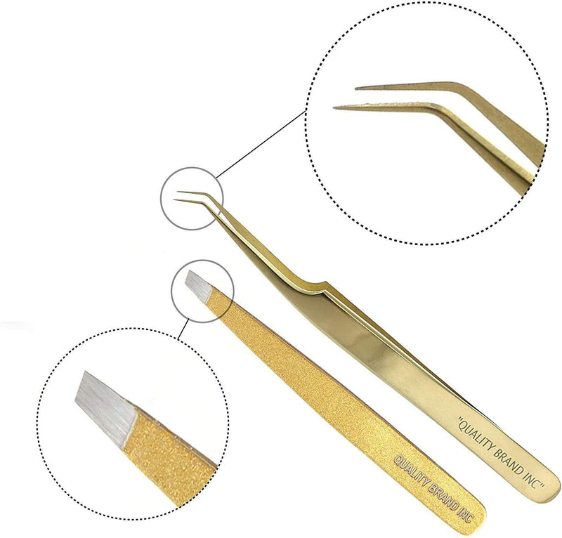 [Australia] - Quality Brand Inc Set Precision Eyelash Extension Tweezers, Gold Russian 75° Angular Tip, and Slant Tip Tweezers for Eyebrow Stainless Steel for Professional Use 