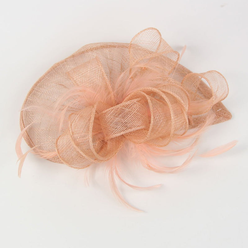 [Australia] - FeiYu Crafts Penny Mesh Hat Fascinator with Mesh Ribbons and Black Feathers Champagne Pink 