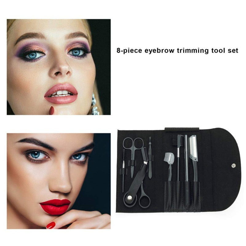 [Australia] - pokujoe Eyebrow trimming tool 8-piece set, stainless steel tweezers eyebrow trimming scissors trimming tool makeup tool woman's eyebrow trimming tool pen and leather case (Black) Black 