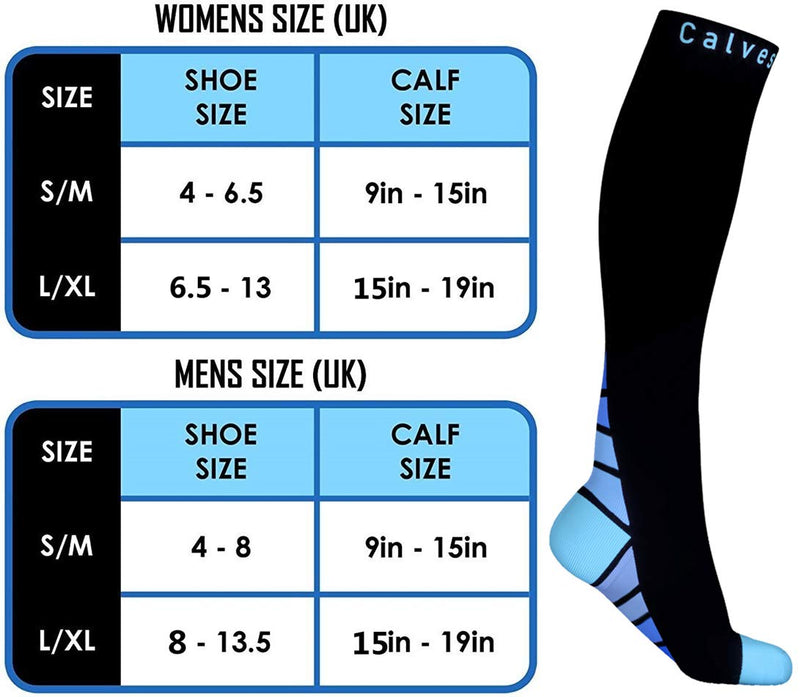 [Australia] - Calves Kelson (2 Pairs) Compression Socks/Stockings for Men & Women, Black & Blue S/M (For Women 4-6.5 / Men 4-8) 2 same pair, S-M 