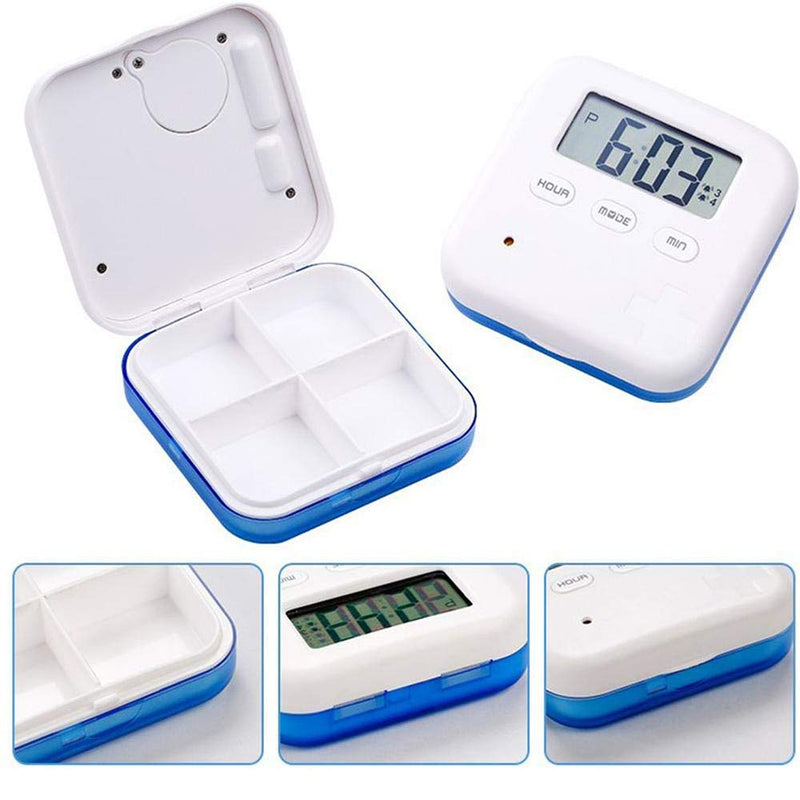 [Australia] - Hanguang Pill Box, 4 Compartment Intelligent Sealed Alarm Pill Box, Mini Portable Electronic Pill Timer-Reminder-Dispenser with Digital Screen for Vitamins, Cod Liver Oil, Supplements and Medication Blue 