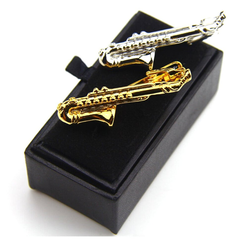 [Australia] - ZUNON Saxophone Tie Clips Sax Tie Bar Tacks Mens Silver Golden Tone Music Instrument Tie Clasps Musician Gifts 