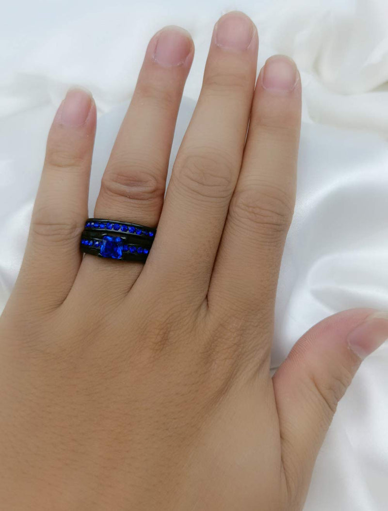 [Australia] - Ringcrown Couple Rings Black Plated Princess Cut Blue Cz Womens Wedding Ring Sets Titanium Steel Man Wedding Bands（Please Buy 2 Rings for 1 Pair） women(1pc) 6 