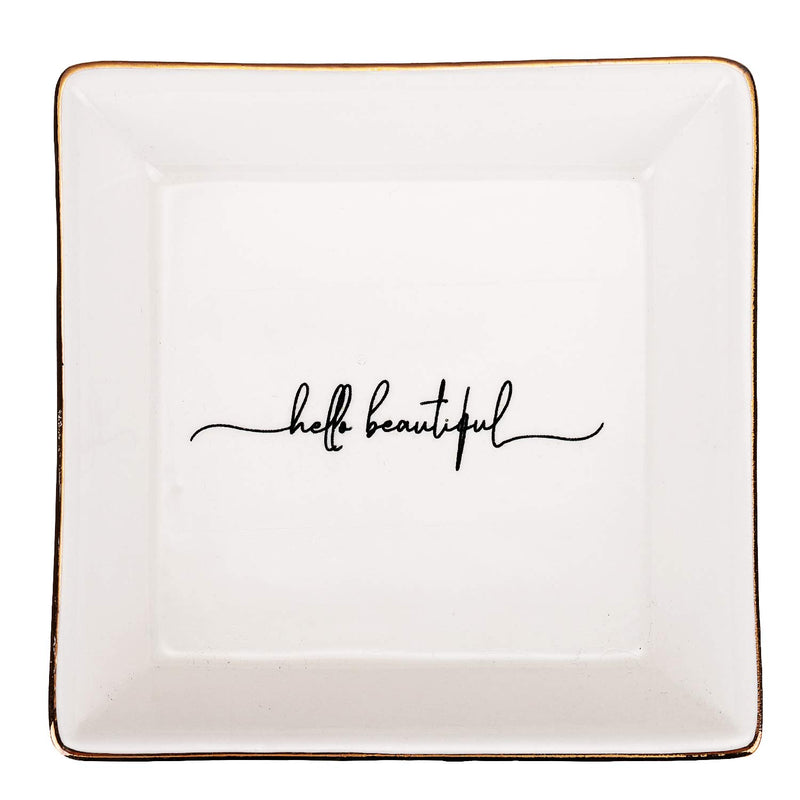 [Australia] - Jewelry Dish Square Ceramic Trinket Tray Gold Office Decor Home Ring Inspirational Storage Hand Lettered Heart Motivational - Hello beautiful Style 2 