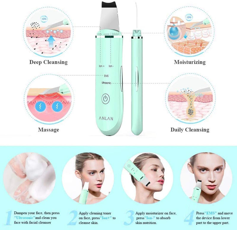 [Australia] - Face Skin Scrubber,ANLAN Electric Ultrasonic EMS Ion Face Cleanser Blackhead Remover Pores Cleaner Wrinkle Remover Comedone Extractor Skin Care Massager USB Rechargeable Beauty Tool Sky blue 