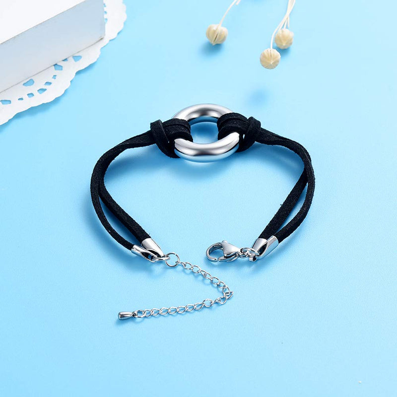 [Australia] - Circle of Life Cremation Jewelry Black Genuine Leather Memorial Urn Bracelet for Ashes of Loved One Keepsake Holder for Women Men Silver Tone 