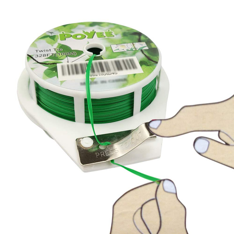 [Australia] - POYEE 328ft (100m) Garden Twist Tie, Green PE Plastic Coated Plant Twist Tie with Cutter for Gardening and Office Organization, Home 1 Pack 