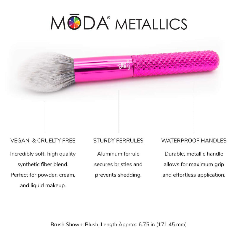 [Australia] - MODA Full Size Metallic Picture Perfect 5pc Makeup Brush Set with Pouch, Includes - Blush, Contour, Shader, Angle Liner Brushes, Metallic Pink 