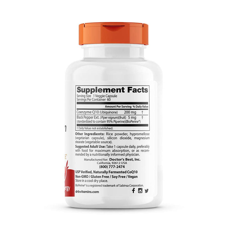 [Australia] - Doctor's Best High Absorption CoQ10 with BioPerine Gluten Free Naturally Fermented Vegan, Heart Health and Energy Production 200 mg 60 Veggie Caps, White 60 Count (Pack of 1) 