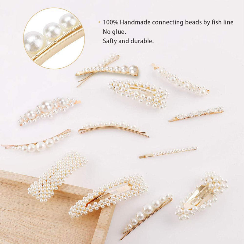 [Australia] - Pearl Hair Clips for Girls Women Ladies, 12Pack Pearl Hair Bobby Pins/Barrettes/Snap Clip/Hair Slides for Wedding Party Holiday, Elegant Handmade Hair Accessories,White/Gold 