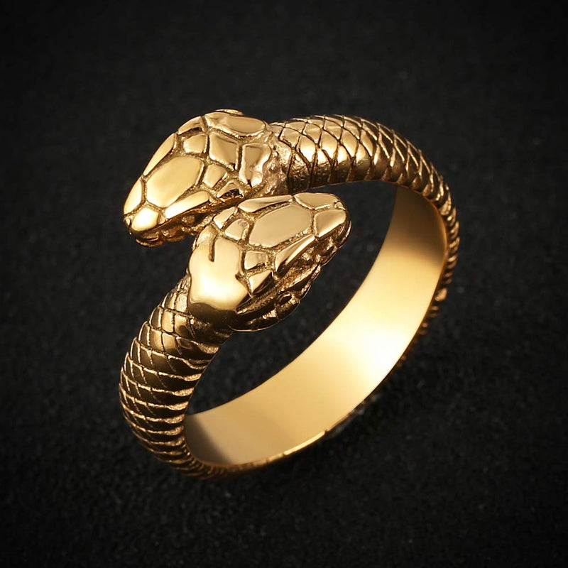 [Australia] - HZMAN Gothic Jewelry Retro Double Snake Head Loop Fashion Animal Personality Stainless Steel Ring Gold 6 