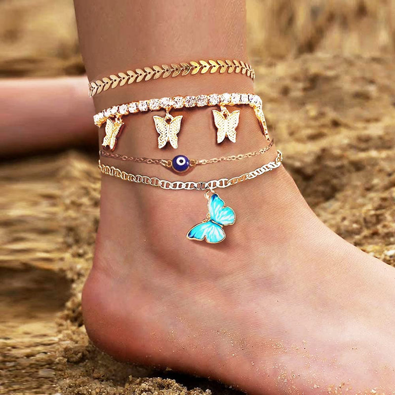 [Australia] - hefanny 14 Pcs Evil Eyes Butterfly Crysta Sparkly Luck Anklet Bracelets Set for Women Gold Boho Beach Anklets Chain Adjustable Foot and Hand Adjustable Chain Jewelry for Girls 1 