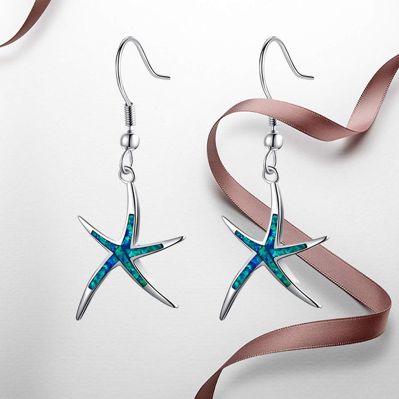 [Australia] - Sterling Silver Starfish Necklace Pendant Earrings Blue Opal White Opal or Green Opal Pendant Necklace Women Gift Blue Opel Silver Earrings 